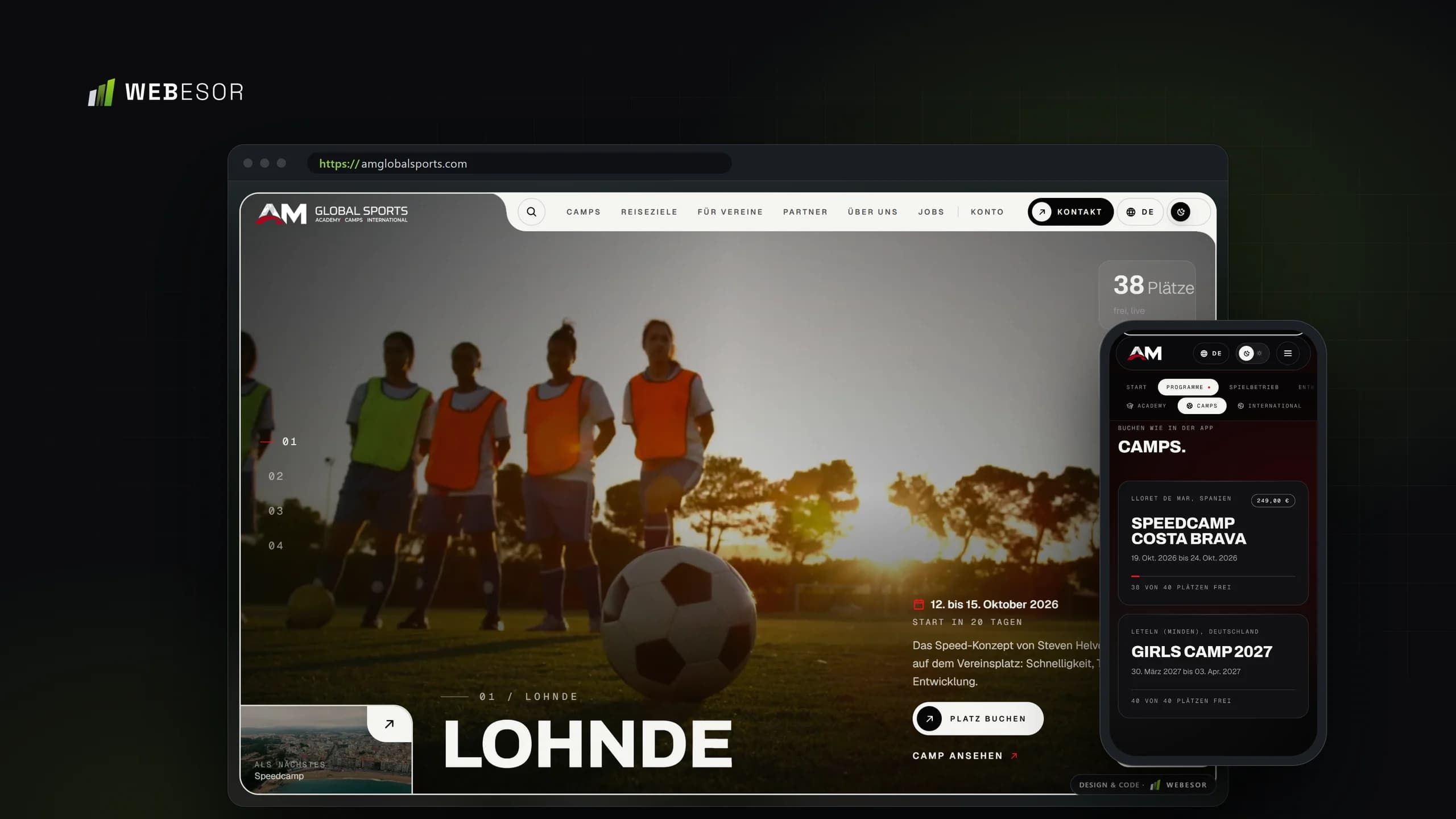 Website und Konto von AM Global Sports, umgesetzt von WEBESOR