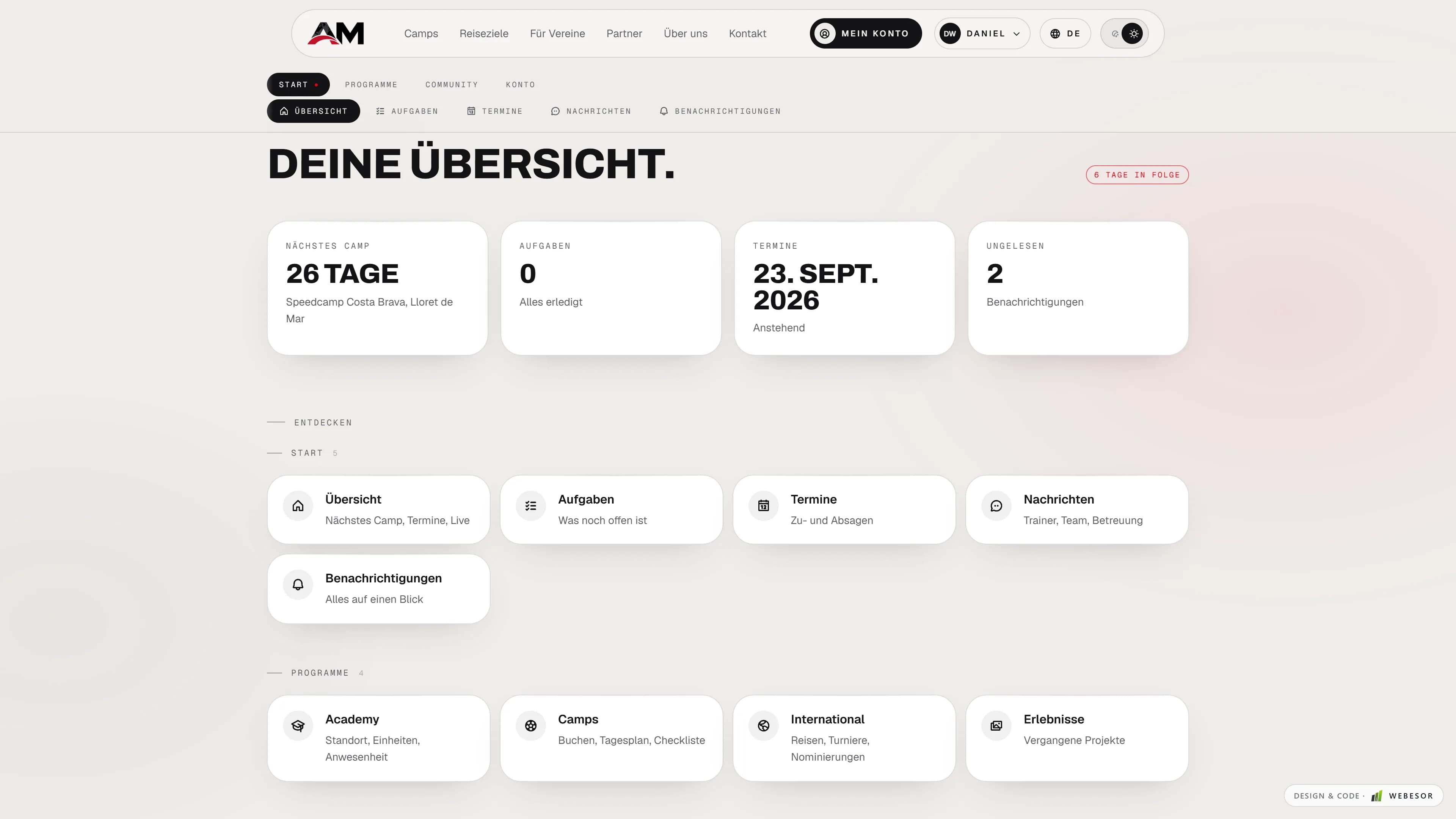 Übersicht: Nächstes Camp mit Countdown, Termine und Neuigkeiten auf einen Blick.